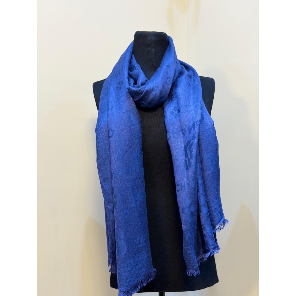Chanel Royal Blue Cashmere Silk Logo Camellia Jacquard Scarf Shawl Wrap